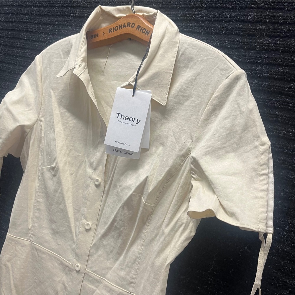 Theory Good Linen Short Sleeve Button Front Shirt Dress Cream Size 6 NEW W TAGS